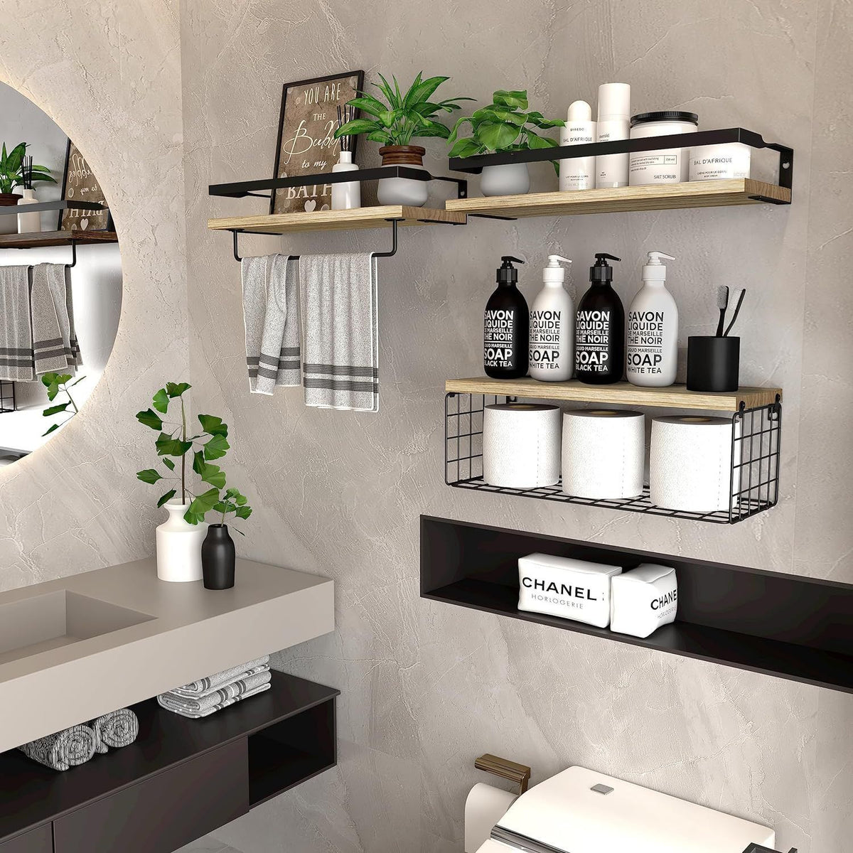 Floating Wall Shelf Wood Rack for Bathroom Living Room Storage - photo 1