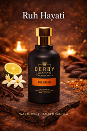 Derby Perfumes Ruh Hayati perfume bottle with spices and flowers on a dark background