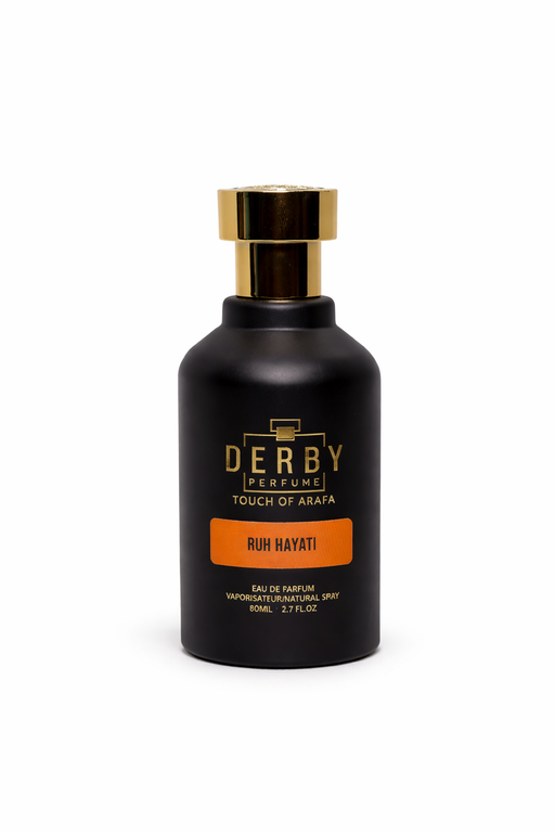 Black perfume bottle with gold cap labeled 'Derby Perfumes' on a white background