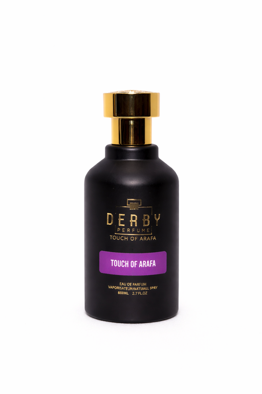 Black perfume bottle with gold cap and 'Derby' branding on a white background